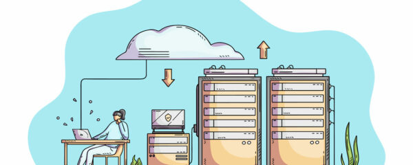 Illustration d'un poste de travail relié à des serveurs cloud avec flèches de transfert de données