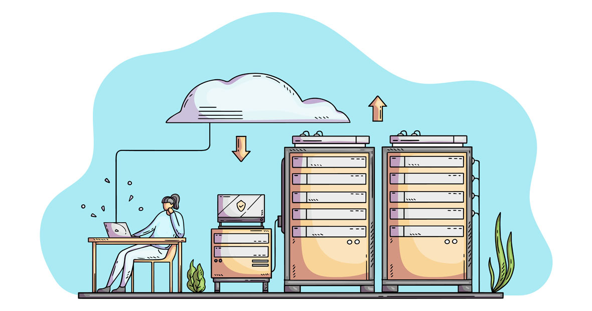 Illustration d'un poste de travail relié à des serveurs cloud avec flèches de transfert de données
