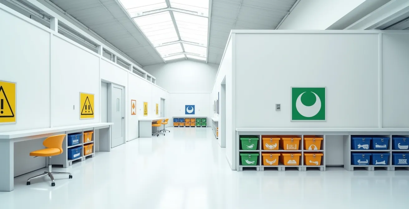 Vue d'ensemble minimaliste d'un espace de travail sécurisé avec signalétique abstraite