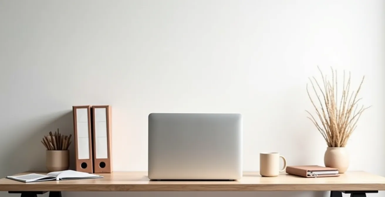 Bureau organisé avec dossiers administratifs et ordinateur portable