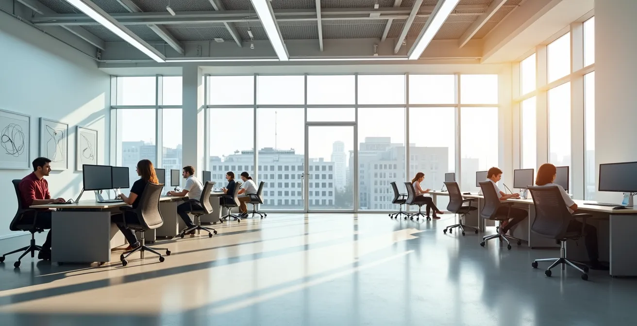 Vue large d'un espace de travail moderne et lumineux dédié aux étudiants en médecine