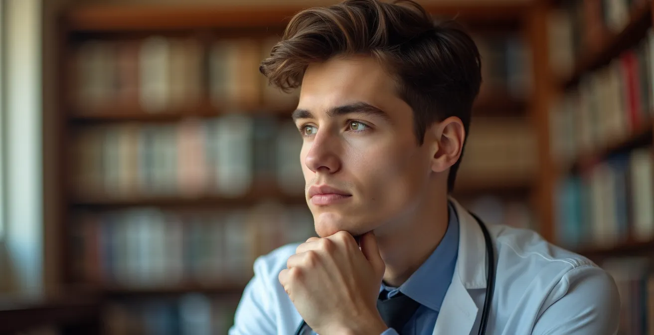 Portrait d'un étudiant en médecine en moment de réflexion dans un espace calme