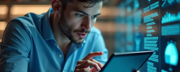 Illustration photo-réaliste d'un professionnel concentré en pleine formation digitale immersive avec un éclairage cinématographique naturel et un fond neutre épuré