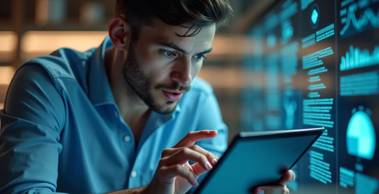 Illustration photo-réaliste d'un professionnel concentré en pleine formation digitale immersive avec un éclairage cinématographique naturel et un fond neutre épuré