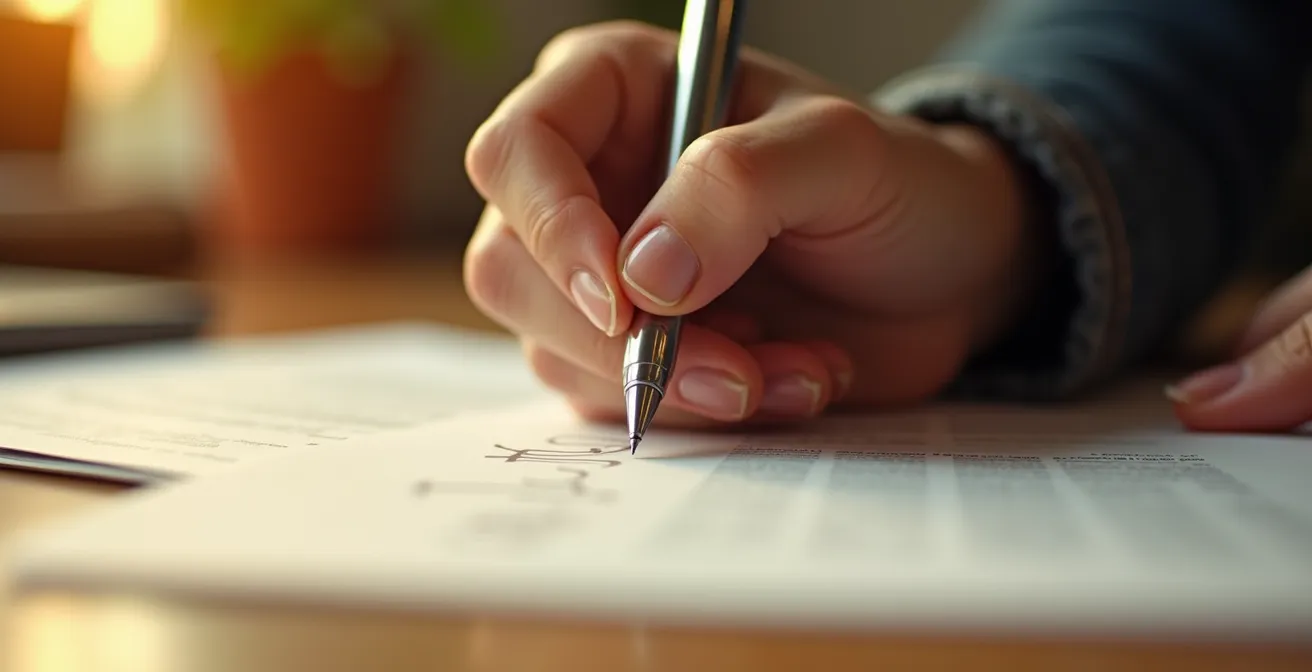 Gros plan sur une main tenant un stylo, prenant des notes structurées sur papier