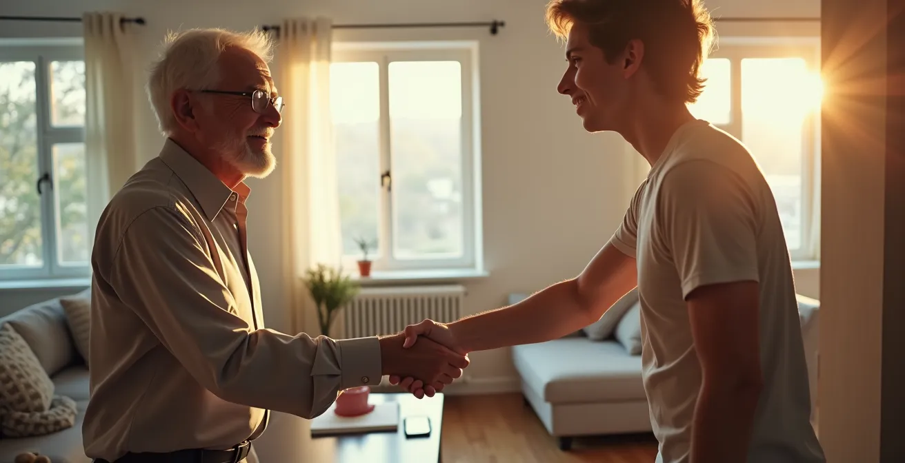 Poignée de main entre propriétaire senior et jeune étudiant dans salon lumineux