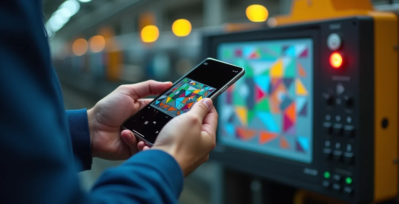 Travailleur scannant un code sur une machine industrielle avec son smartphone