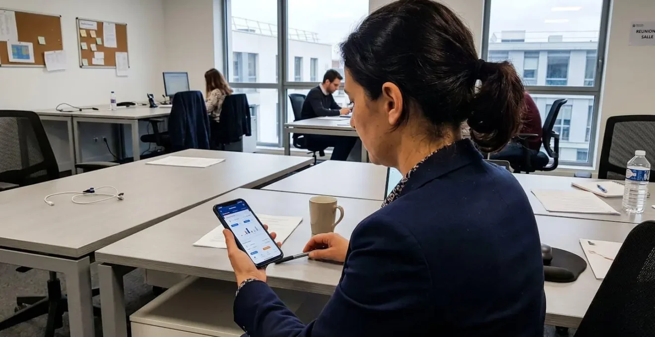 Vue rapprochée par-dessus l'épaule d'une personne consultant son smartphone dans un bureau contemporain, écran flouté, geste naturel de la main