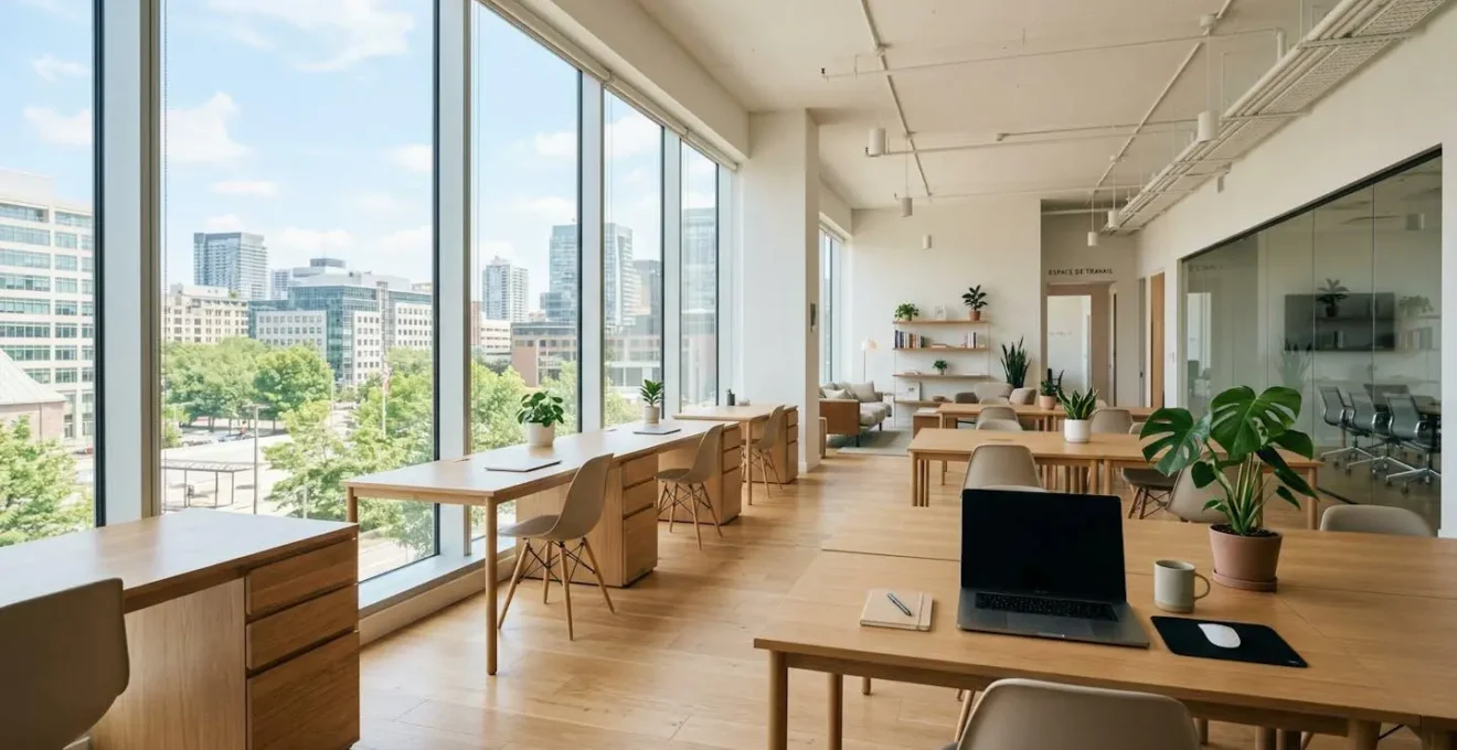 Bureau contemporain épuré et lumineux avec grande fenêtre laissant entrer la lumière naturelle, plantes vertes, espace de travail organisé, aucune présence humaine