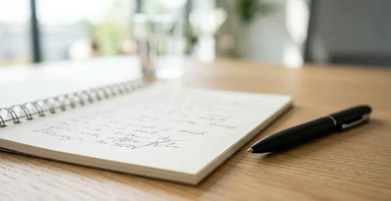 Gros plan sur un carnet ouvert avec notes manuscrites illisibles, stylo posé à côté, surface de bureau moderne épurée