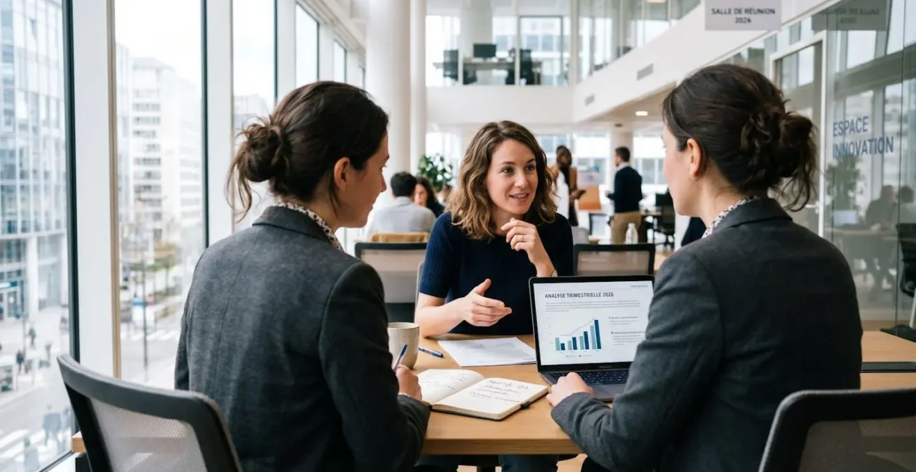 Deux professionnels en discussion dans un bureau contemporain lumineux, vus de trois quarts, postures ouvertes et détendues