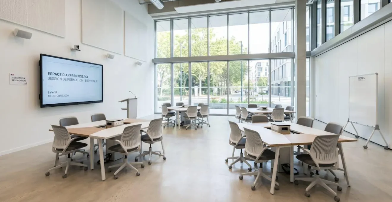 Salle de formation contemporaine avec tables disposées en îlots, baignée de lumière naturelle par de larges baies vitrées, espace vide et accueillant