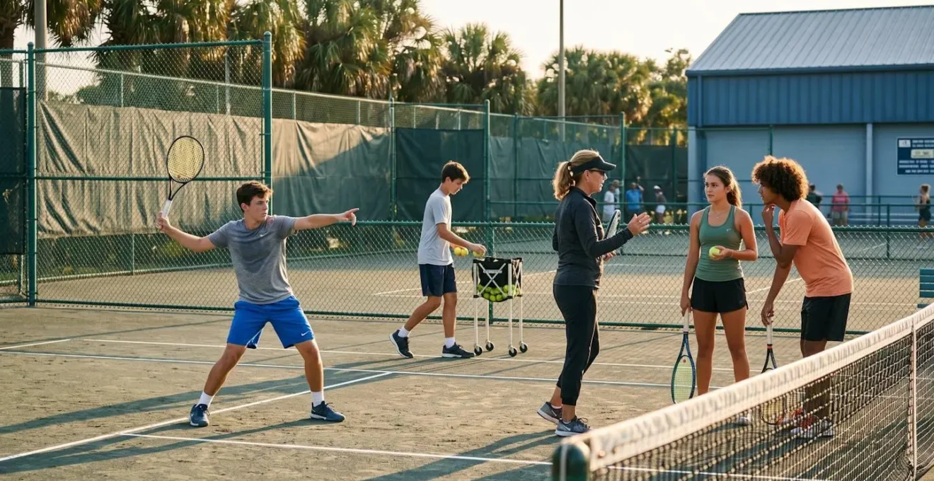 Groupe de jeunes tennismen de 13 à 17 ans s'entraînant sur un court extérieur en Floride avec leur coach américain, échangeant balles et instructions en anglais dans une ambiance dynamique de fin d'après-midi
