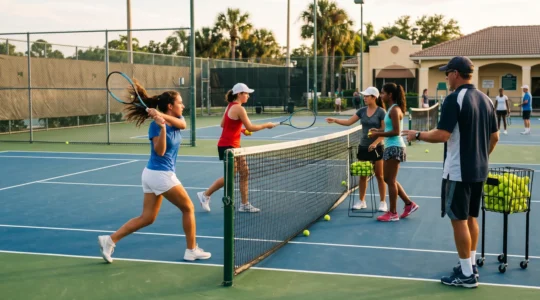 Groupe de jeunes tennismen de 13 à 17 ans s'entraînant sur un court extérieur en Floride avec leur coach américain, échangeant balles et instructions en anglais dans une ambiance dynamique de fin d'après-midi