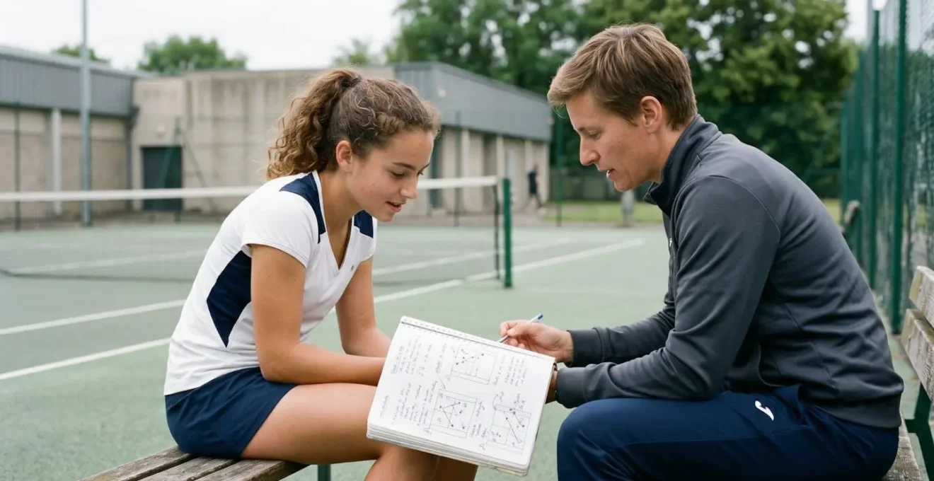 Jeune joueuse de tennis de 15 ans discutant tactiques avec son coach sur le bord du court, carnet d'entraînement ouvert avec diagrammes et annotations entre eux