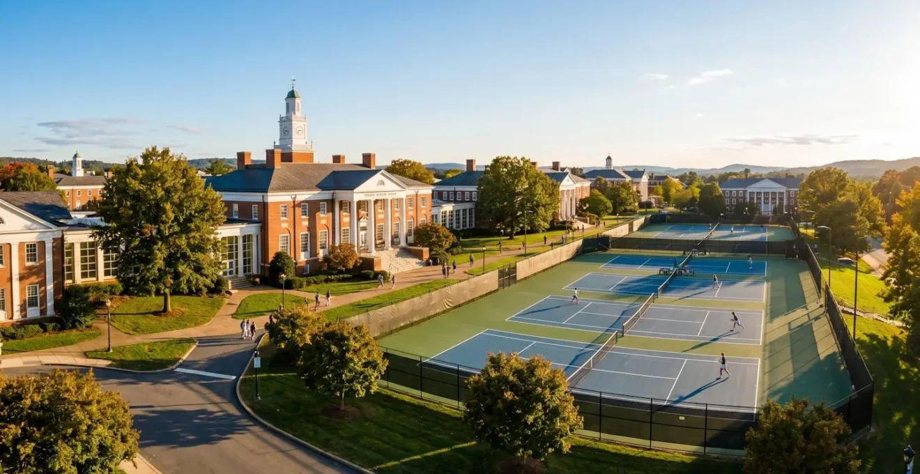 Vue d'ensemble d'un campus universitaire américain avec courts de tennis intégrés aux infrastructures académiques, bâtiment en briques rouges et pelouses entretenues sous lumière de fin d'après-midi